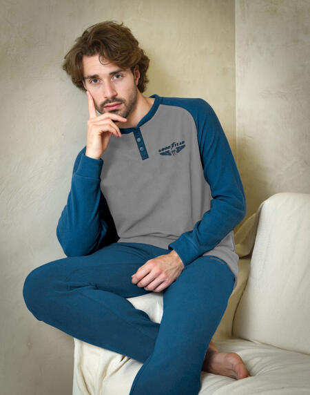 Pigiama Uomo In Cotone Classico Con Bottoni | Loungewear Manica Lunga Con Tasche, Grigio O Blu Navy