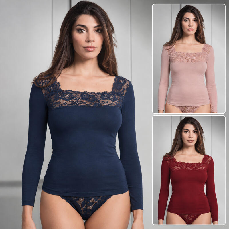 MAGLIA DONNA MANICA LUNGA IN PIZZO COTONE ELASTICIZZATO Gruppo Maccarrone Ingrosso Abbilgiamento e Biancheria